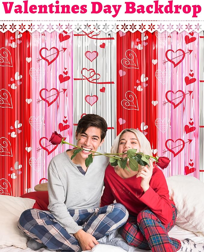 Valentines Decorations Foil Fringe Curtains for Party, 2 Pack 3.3 x 6.6 FT Galentines Day Decorations Red Pink Silver Tinsel Streamer, Valentines Backdrop Heart Decoration for Birthday Wedding