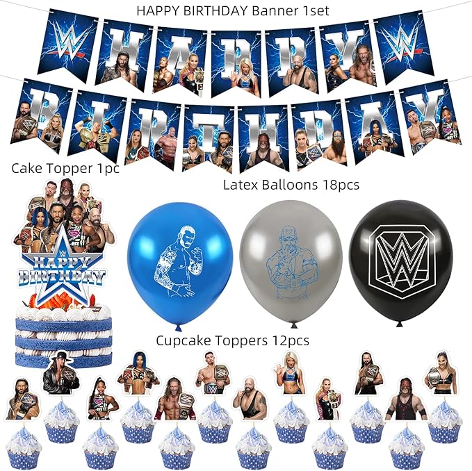 Wrestling Birthday Party Decorations Supply Set for Kids with Happy Birthday Banner, Cake Topper, Cupcake Toppers, Balloons for Party Decorations (Party set)