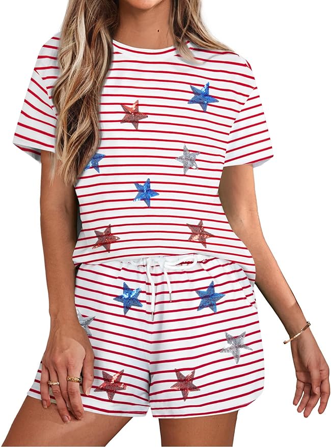 VILOVE 4th of July 2 Piece Sequin Outfits Women 250 Anniversary Usa Shirts and Short Sets Casual Patriotic Shirt Summer Set