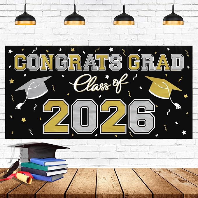 2026 Graduation Party Plastic Backdrop - 65" x 32.7" Congrats Grad Banner in Black, Large Class of 2026 Decorations, Photography & Grad Party Supplies