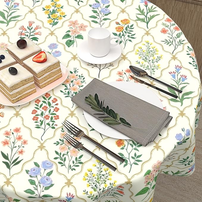 Spring Floral Round Tablecloth Wildflower Circle Table Cloth 70 Inch Beige Vintage Rustic Farmhouse Table Cover Washable Polyester Indoor for Home Kitchen Dinning Party Decor