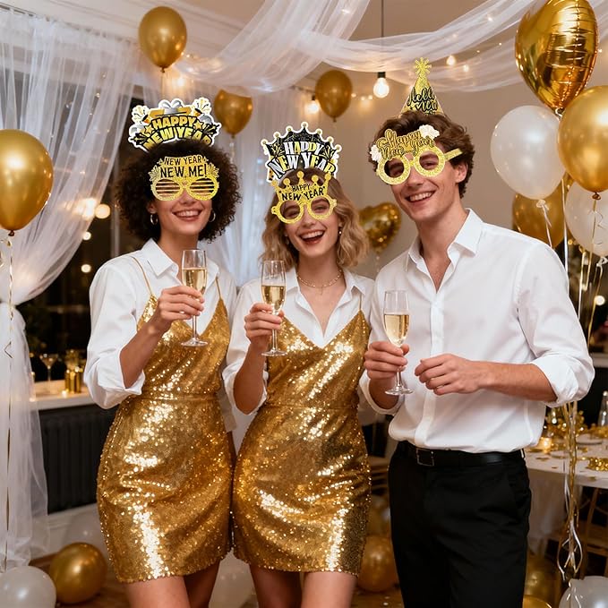 HOWAF New Years Eve Party Supplies 2026, Happy New Years Party Favors Headband Cone Hats Glitter Paper Eyeglasses Noise Makers Laser Gold New Year Decorations 2026 for NYE Favor Accessories 36pcs