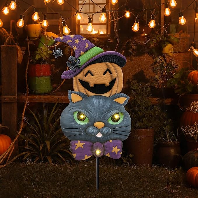 TERESA'S COLLECTIONS Metal Halloween Yard Stakes, Halloween Decorations Outdoor with Cute Black Cat Pumpkin, Jack-o-Lantern Stacked Garden Stakes Lawn Gift for Party Pathway Porch Patio Decor, 25“
