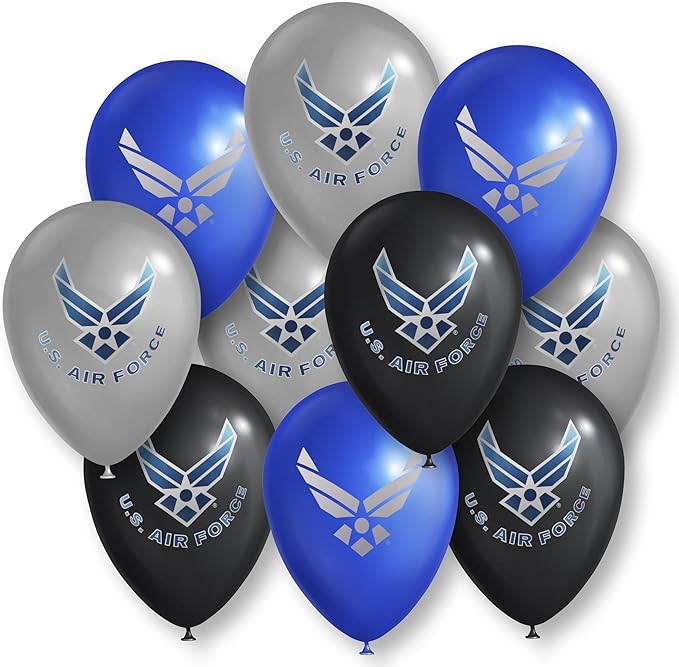 U.S. Air Force Party Balloons - 10 pcs 12 in Latex balloons in Officially Licensed Air Force Logos - Metallic Silver, Blue & Black balloons with 2-color printing both sides Made in Italy -by Havercamp