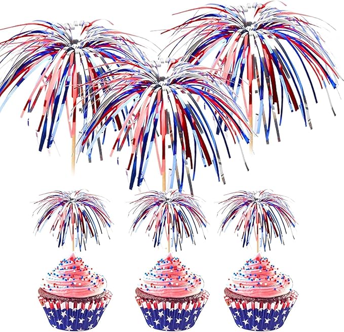 100 Pack 4th of July Cocktail Picks,6inch Patriotic Fireworks Toothpicks for Appetizers,Red White Blue Bamboo Skewers Sticks for Fourth of July Party Supplies Independence Day Decorations