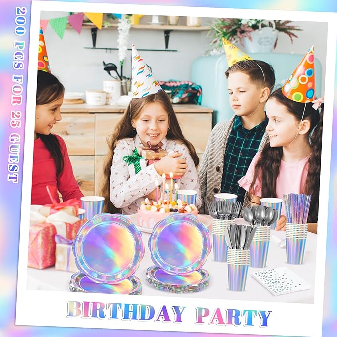 200 Pcs Iridescent Party Supplies Decorations, 25 Guest Scalloped Iridescent Graudation Plates and Napkins Bachelorette Decorations Holographic Tableware for Birthda Bridal Wedding Disco