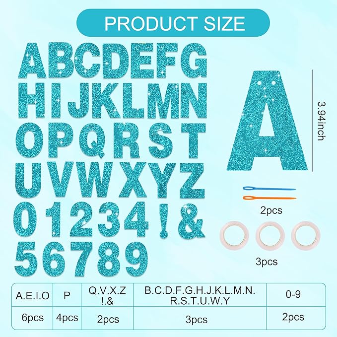 BEISHIDA 116 PCS A-Z DIY Letter Banner Kit Make Your Own Banner Glitter Lake Blue Including 111 Letters and Numbers 3 Rope and 2 Threading Device,Customized for Birthday Graduation Wedding Party Decor