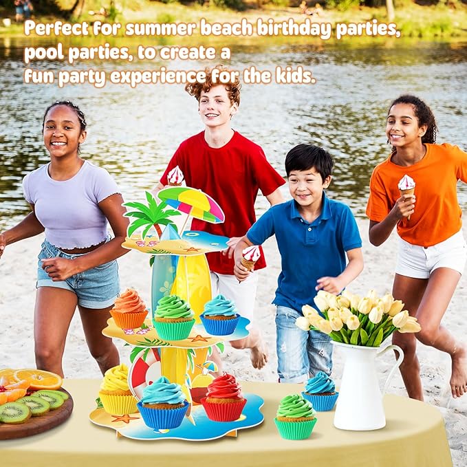 Summer Beach Luau Hawaiian Cupcake Stand Decorations 3 Tier Pool Theme Cake Holder Dessert Stand Tower for Kids Office Classroom Beach Birthday Party Baby Shower Wedding Party Supplies