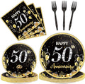 96 Pcs 50th Anniversary Party Paper Plate Napkin Fork Employee Career Wedding 50th Anniversary Gold Black Disposable Paper Dessert Dinner Tableware Fiftieth Anniversary Party Supplies Favors 24 Guests