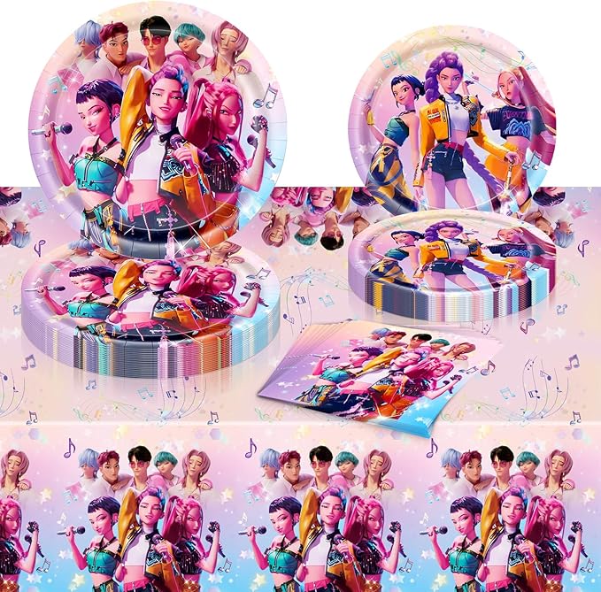 Demon Hunters Birthday Decorations, 20 Plates, 20 Napkins and 1 Tablecover for Boys Girls Kpop Party Supplies