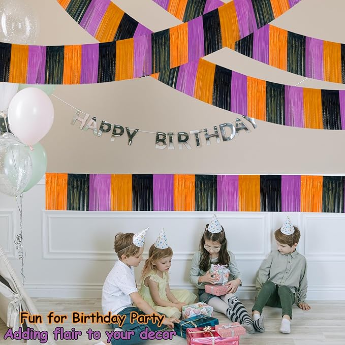 4 Packs 39 Feet Halloween Parade Floats for Trailer Car, Foil Fringe Garland Tinsel Streamers Banner Table Skirts for Halloween Dia De Los Muertos Homecoming BBirthday (Black Orange Purple)