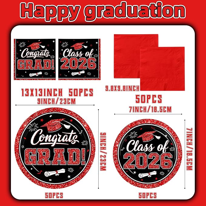 Graduation Decorations 2026 Graduation Party Plates and Napkins Set Black Red Class of 2026 Graduation Party Supplies for Congrats Grad Party Decor, Serve 50