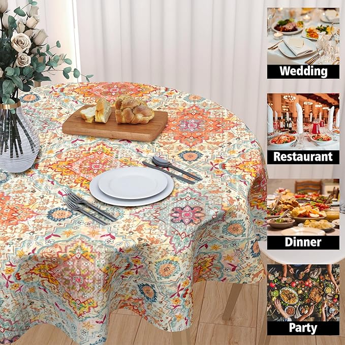 Boho Round Tablecloth Colorful Bohemian Circle Table Cloth 70 Inch Vintage Rustic Farmhouse Table Cover Washable Polyester Indoor Decorations for Home Kitchen Dinning Party