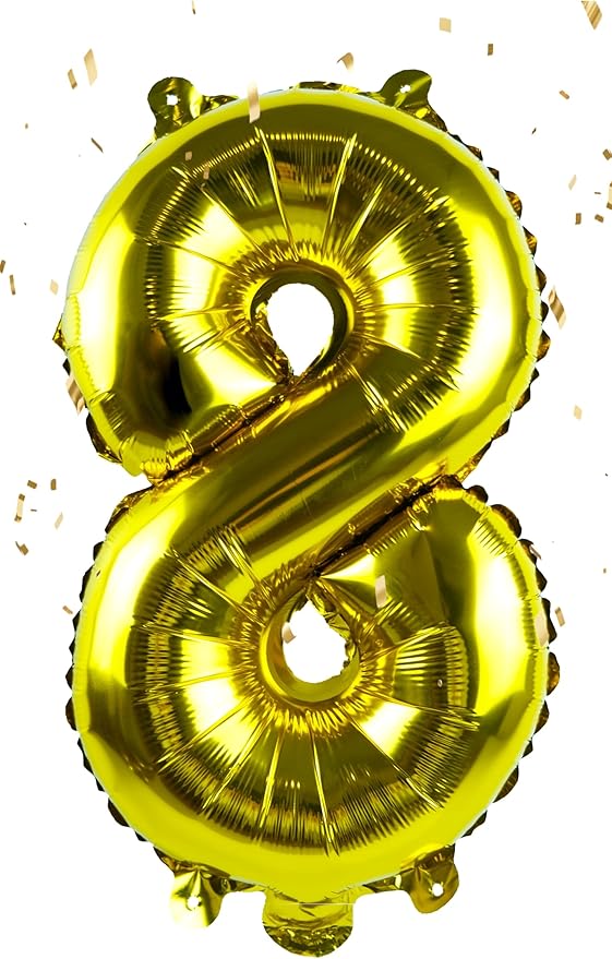 Gold Number “8”Balloons 16 Inch, Mylar Foil Custom Single Letter, Hanging, Reusable for girls boys adults Birthday,Surprise,Wedding, Celebration, Sports Party Event Decoration Supplies