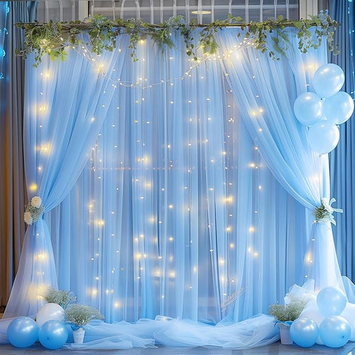10ft x 8ft Blue Backdrop Curtain with Lights String for Parties, Sheer Tulle Wedding Photo Backdrops Drapes for Baby Shower Birthday Party Decorations Background for Photography