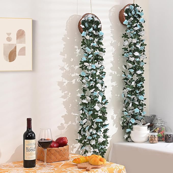 MARTINE MALL Flower Garland Rose Vines, 5 Strands 41Ft Flowers Vines for Bedroom with 33 Ft/100 LED String Lights, Rose Flower Garland Decoration, Rose Floral Garland for Room Table Wedding Decor