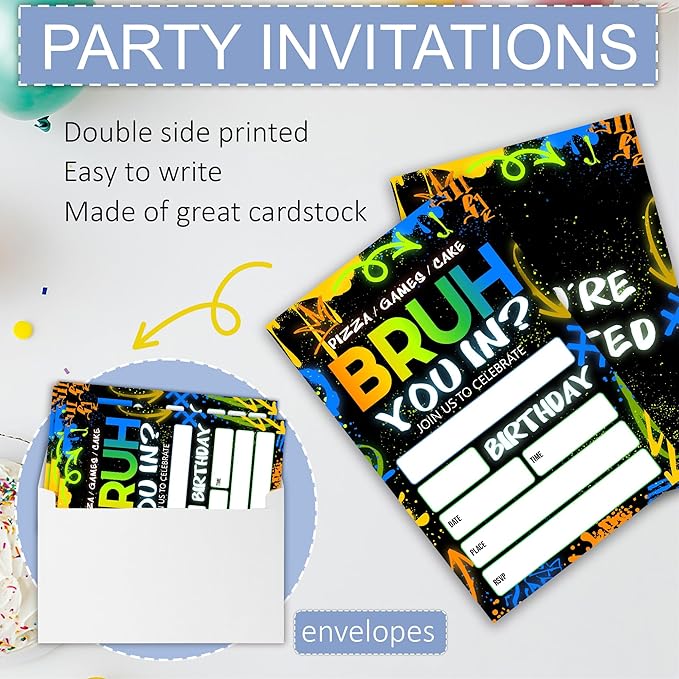 Bruh You In Theme Birthday Invitation, Boys Game Party Invitation Cards, 4 x 6 Double Sided 20 Count with Envelopes Party Supplies, Fill in Blank