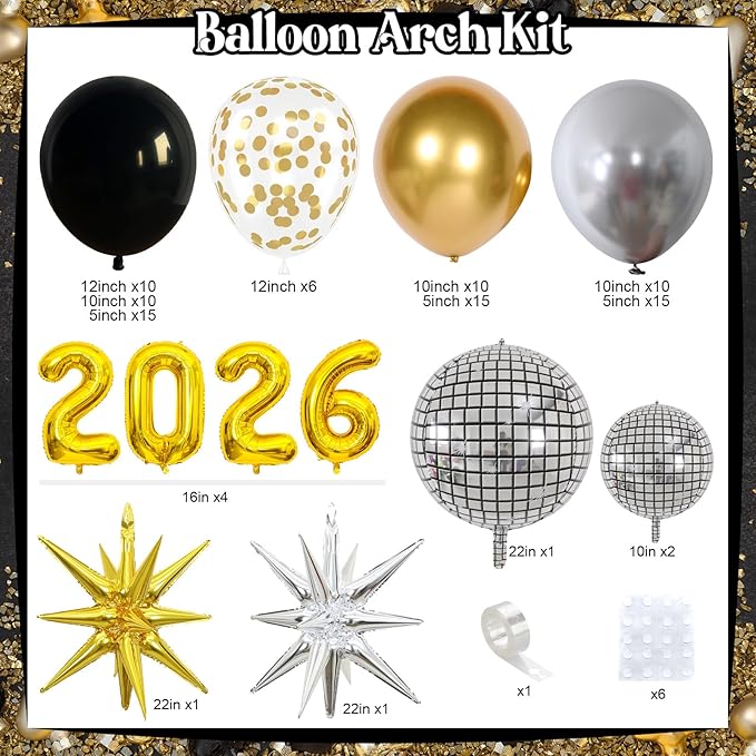 2026 Graduation Balloon Garland Arch Kit, Black Gold Silver Balloon Arch 2026 Graduation Decorations Disco Star Balloons for Grad Celebrations New Year Birthday Party Decorations