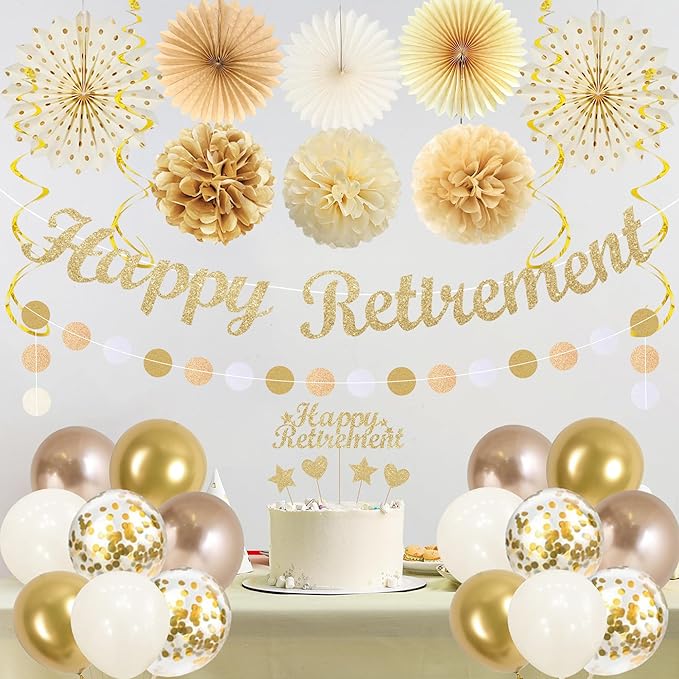Vlipoeasn Retirement Decorations for Men Women, Champagne Gold Official Retired, Happy Retirement Banner Swirls Party Supplies Retired Farewell Party Set Work Graduation Party Decorations