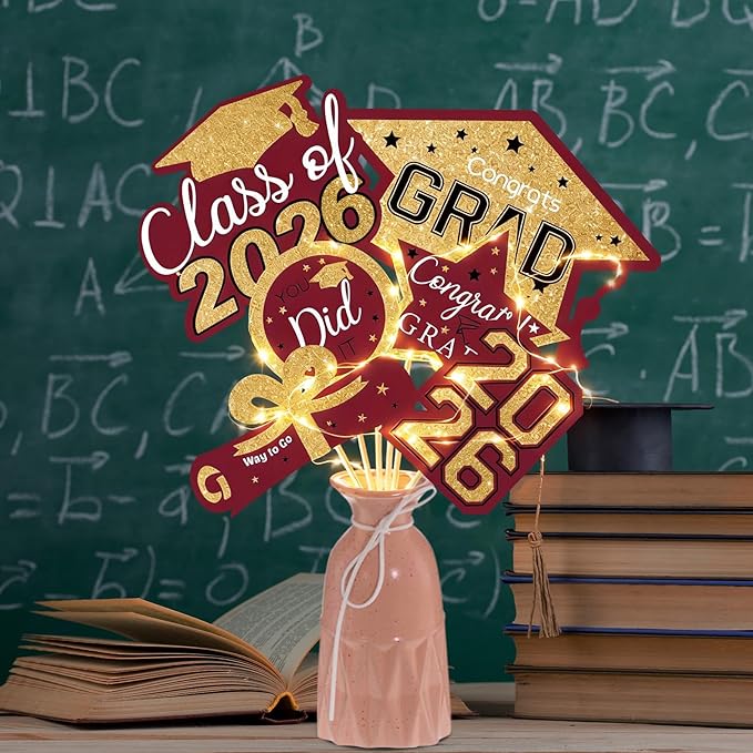 OuMuaMua Graduation Decorations Class of 2026-30pcs Maroon Gold Graduation Table Centerpieces Sticks Table Toppers with Lights for College High School Congrats Grad Party Supplies