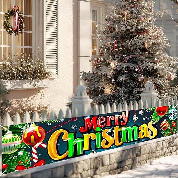 Merry Christmas Decorations Banner 118x20 Inch Polyester Fabric Ornaments Tree Branches Holly Design for Indoor Outdoor Garden Fence Banner Outdoor Porch sign Party Supplies