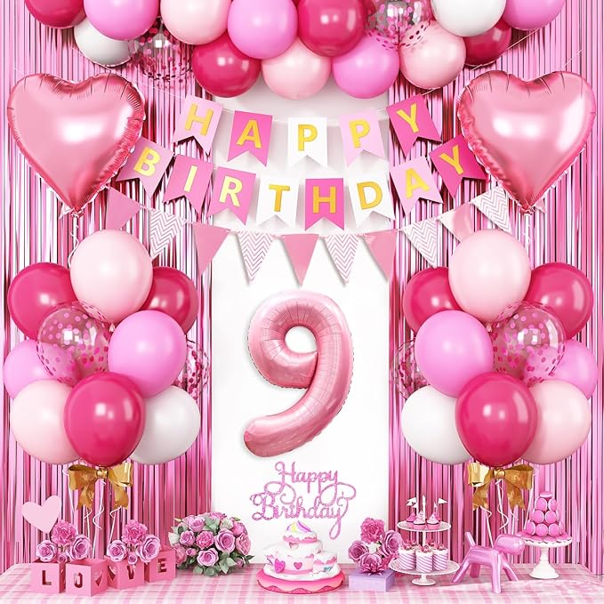 9th Birthday Decorations for Girls: Hot Pink Balloons, Happy Birthday Banner, Fringe Curtain, Cake Topper, Heart Balloons