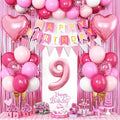 9th Birthday Decorations for Girls: Hot Pink Balloons, Happy Birthday Banner, Fringe Curtain, Cake Topper, Heart Balloons