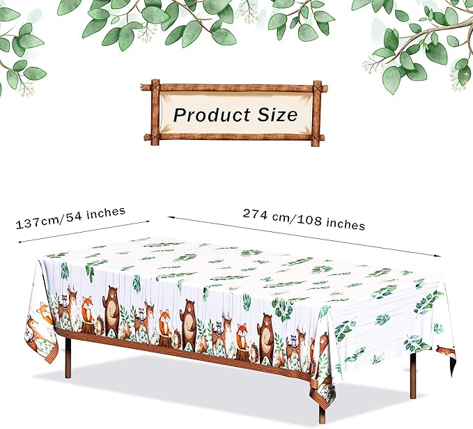 TREWAVE Woodland Animals Plastic Tablecloth Forest Wild Creatures Baby Shower Table Covers for Boy Girl Birthday Table Decoration Neutral Gender Reveal Decor Friendship Themed Party Supply 54" x 108"