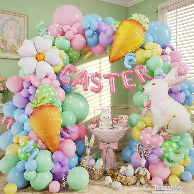 Easter Balloon Garlan Arch Kit with Bunny, Carrot, Daisy Foil Balloons,Pastel Balloon Garland Kit,Dot Printed Balloons for Easter Party Decorations Spring Birthday Decorations