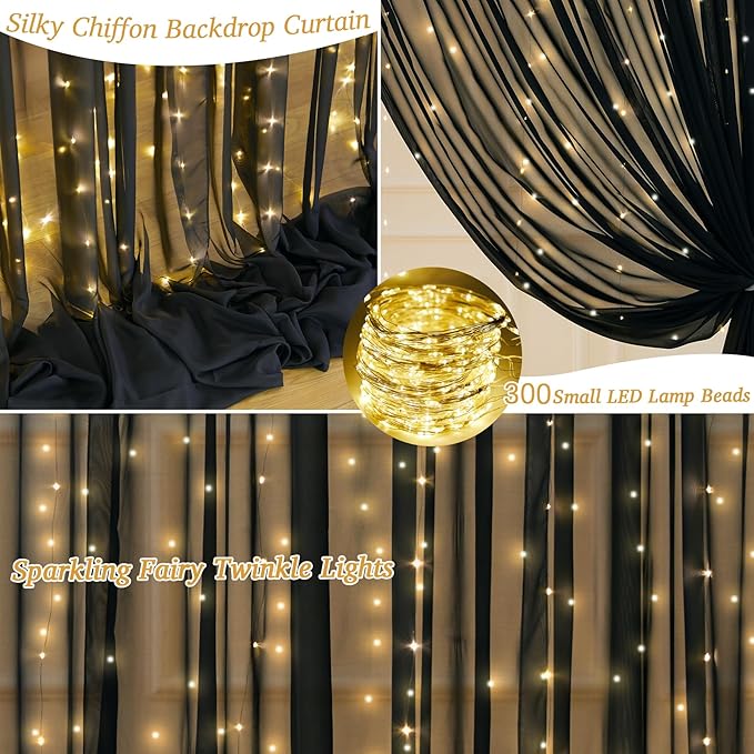 10x10ft Black Chiffon Backdrop Curtain with Lights String for Wedding Sheer Tulle Curtain Photo Backdrops Drapes for Baby Shower Birthday Party Home Ceremony Decorations