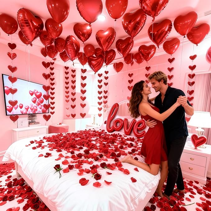 Valentine's Day Decorations Set – 1000 Rose Petals & 31 Red Heart Balloons Kit – Includes LOVE Foil Balloon & Premium Felt Heart Garland – Romantic Room Decor for Anniversary, Proposal, Wedding Night