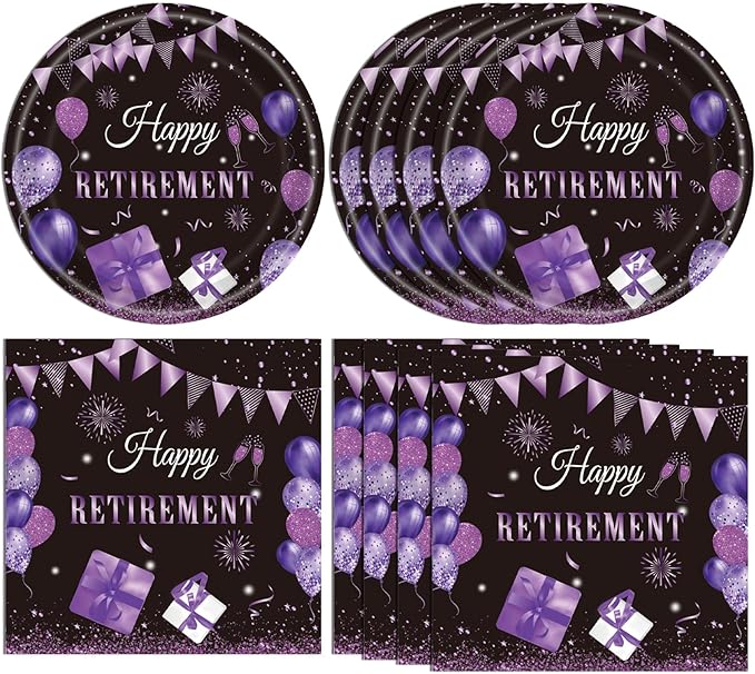 40PCS Retirement Party Decorations Purple Happy Retirement Party Decorations Supplies Tableware Plates and Napkins for Women Going Away Party Disposable Dinnerware Kit,Serves 20