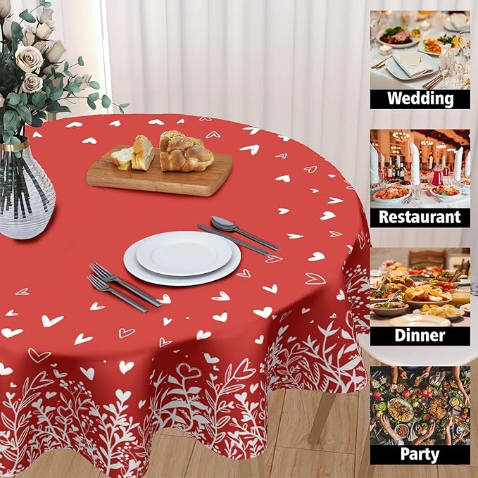 Valentine's Day Round Tablecloth 60 Inch Red Heart Pattern Circle Table Cloth Spring Holiday Table Cover Washable Polyester Decorations for Home Kitchen Dinning Party