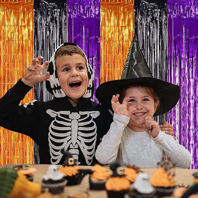 TONIFUL 2Pcs Orange Purple Black Metallic Tinsel Foil Fringe Curtains,3.28ft x 6.56ft Halloween Photo Booth Backdrop Streamer,Photo Props,for Party Door Wall Curtains Wedding Birthday(6.6ft x 6.6ft)