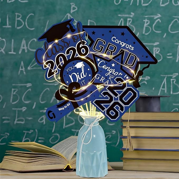 OuMuaMua Graduation Decorations Class of 2026-30pcs Blue and Black Graduation Table Centerpieces Sticks Table Toppers with Lights for College High School Congrats Grad Party Supplies