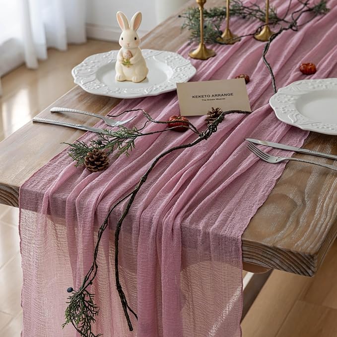 Keketoarrange Dusty Rose Easter Cheesecloth Table Runner Gauze 120 Inch 10 FT Rustic Boho Cheese Cloth Runner for Wedding Baby Shower Bridal Shower Garden Party Sheer Spring Home Decorations