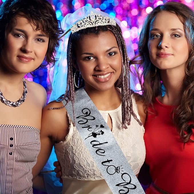 CIEHER Crystal Crown + Bride To Be Sash + Veil Set, Bachelorette Party Favors Bridal Shower Decorations