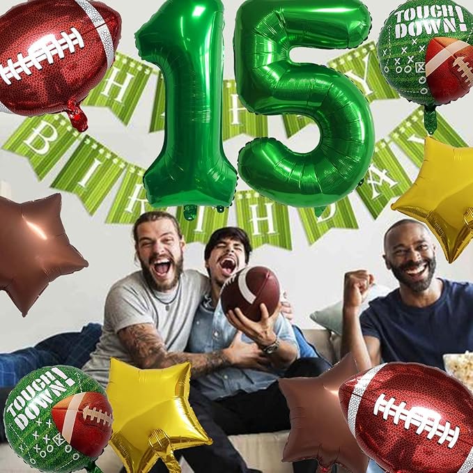 Football Balloons Foil Football Birthday Decorations Balloons Green Number 15 Balloon Gold Brown Star Touchdown Ballons for Rugby Birthday Decorations Sports Ballons Arch Kits Party Balloon Sets 10pcs