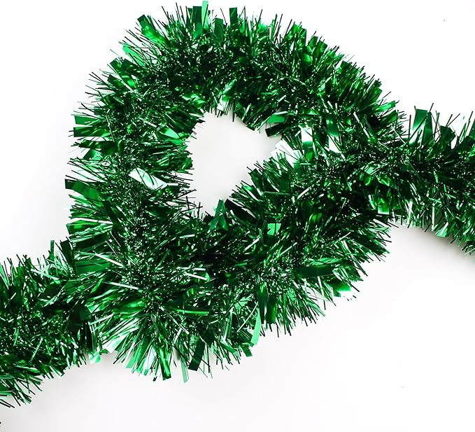 33FT Christmas Tinsel Garland,Green Shiny Metallic Foil Decorations for Parade Floats, Halloween, Christmas Tree, New Year Parties,Birthday Party,Indoor and Outdoor Disco Party Supplies