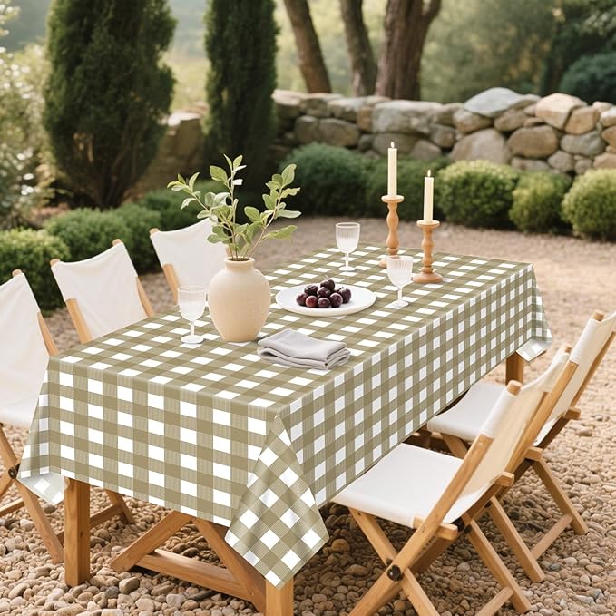 4 Pack Khaki Tablecloths, Khaki and White Checkered Tablecloths 86 x 51 Inches Gingham Tablecover Rectangular Waterproof Picnic Table Covers for Birthday Party Supplies