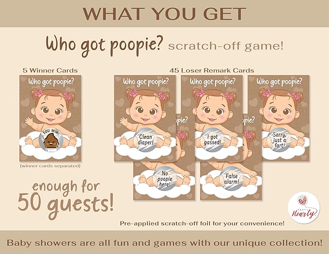Party Hearty Fun Baby Shower Games for Girls - Poopie Emoji Scratch-Off Lottery Tickets - 50 Cards Hilarious and Engaging Baby Shower Activity