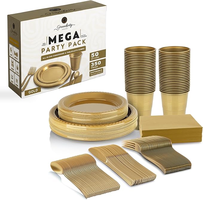 Grandipity 350 Piece Gold Disposable Dinnerware Set, Includes 50 of Each: 9" Dinner Plates, 7" Dessert Plates, 12oz Cups, Paper Napkins, Forks, Knives & Spoons