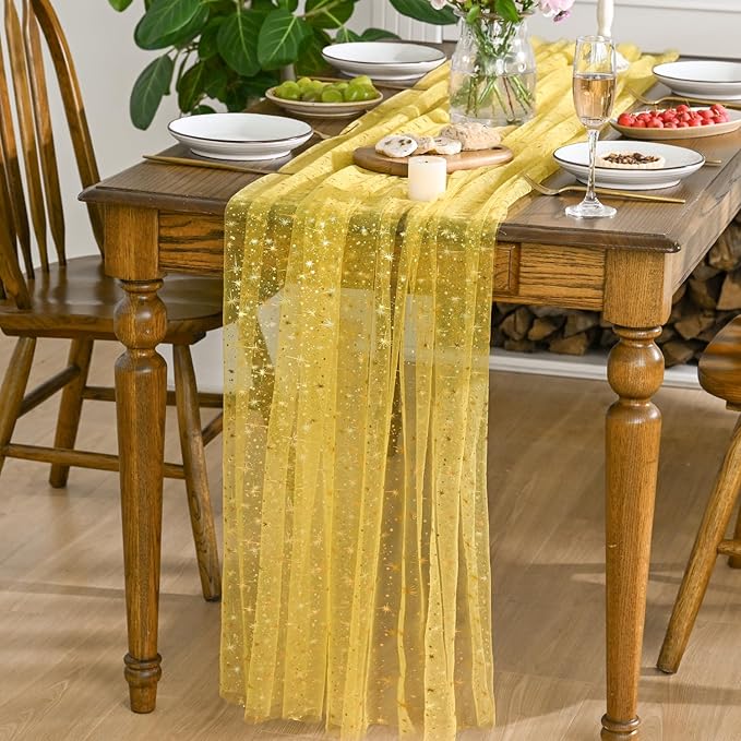 Horaldaily Yellow Gold Sparkling Star Gauze Tablecloth 52x70 Inch Rectangular, Golden Star Sequin Glitter Metallic Foil, Sheer Tulle Cheesecloth for Wedding Baby Shower Party