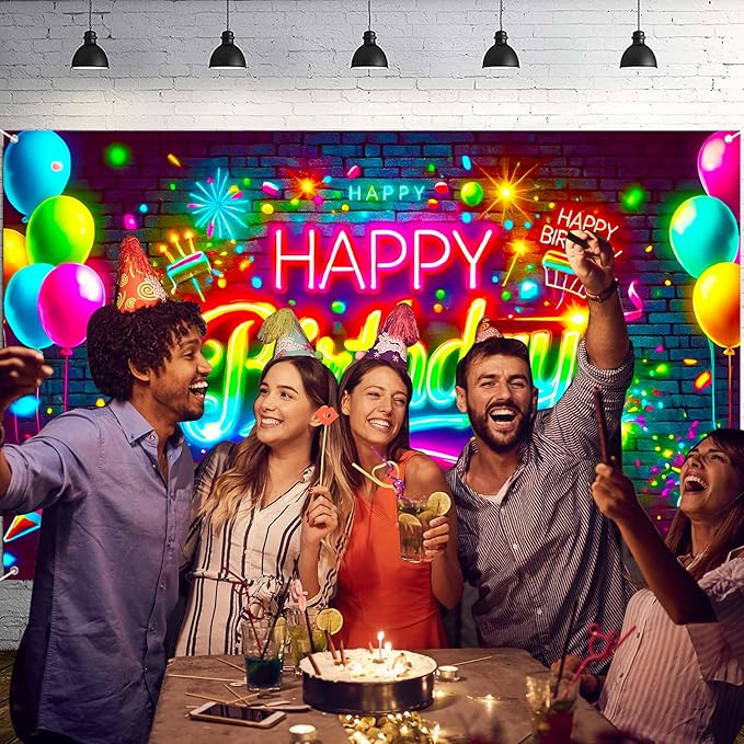 Nuxovilar Neon Birthday Banner - Brick Wall Fireworks Backdrop, 71x43 Inch Vibrant Yard Sign for Teens, Urban Party Decor