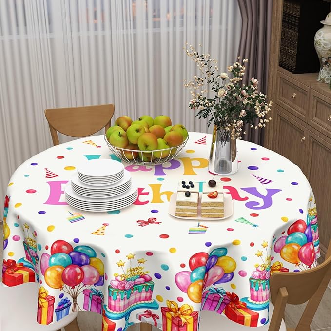 Happy Birthday Round Tablecloth 70 Inch Colorful Gift Birthday Hat Pattern Circle Table Cloth Holiday Table Cover Washable Polyester Decorations for Home Kitchen Dinning Party