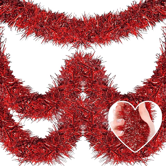 25 Feet Christmas Tinsel Garland, Metallic Twist Garland Wall Hanging Tinsel Garland Backdrop for Parade Floats, Carnival, Birthday, Wedding, New Year Party Decorations (Red, 4in x 25ft)