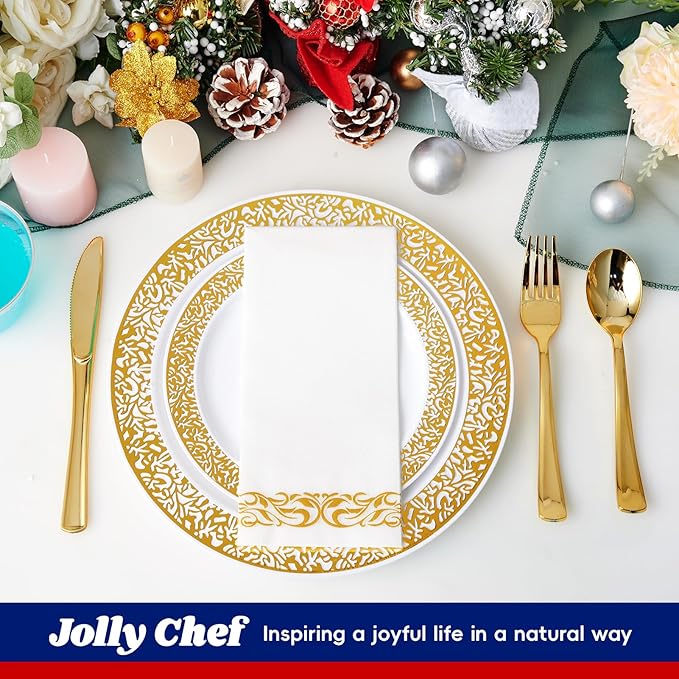 210 Count Gold Plastic Dinnerware, Gold Disposable Plates, Includes: 30 Dinner & 30 Dessert Plates & 30 Cups & 30 Paper Napkins & 30 Plastic Silverware Set -for Thanksgiving, Christmas, Parties