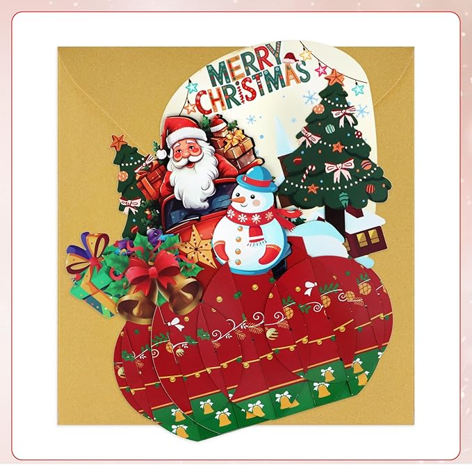 FaCraft Pop Up Christmas Card - with Envelope and Seal, Handmade 3D Merry Christmas Gift for Winter, Holidays, New Year (Santa Driving Truck)