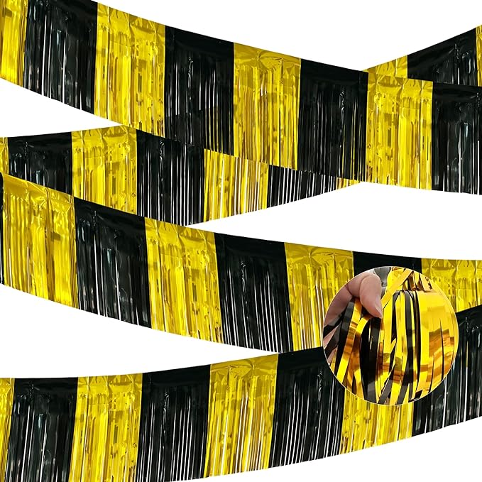 4 Packs Total 39 Feet Graduation Parade Floats for Trailer Car, Black Gold Foil Fringe Garland Tinsel Streamers Banner Table Skirts for Graduation Homecoming Wedding Birthday Party Decor