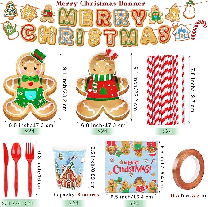 durony 194 Pieces Gingerbread Christmas Tableware Set Party Supplies Includes Paper Plates Napkins Cups Straw Plastic Tablecloth Knife Fork Spoon Serve 24 Guests for Xmas Holiday Party Decorations